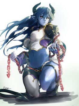 1girl absurdres asmodeus_(shinrabanshou) black_sclera black_shorts blue_hair blue_skin breasts chain closed_mouth colored_sclera colored_skin demon_girl demon_tail highres horns kneeling long_hair looking_afar medium_breasts midriff pointy_ears shinrabanshou short_shorts shorts simple_background solo tail teppu_tora white_background yellow_eyes