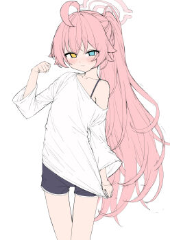 1girl ahoge alternate_costume black_shorts blue_archive blue_eyes blush bra_strap closed_mouth clothes_pull collarbone commentary dolphin_shorts halo heterochromia highres hoshino_(blue_archive) long_hair long_sleeves looking_at_viewer loose_clothes loose_shirt metaljelly off_shoulder official_alternate_hairstyle pink_hair pink_halo ponytail shirt shirt_pull shirt_tug short_shorts shorts simple_background single_bare_shoulder single_off_shoulder solo untranslatable_commentary very_long_hair white_background white_shirt yellow_eyes