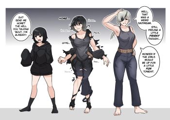 2girls artist_collaboration barefoot belt black_eyes black_hair black_hoodie black_socks breasts brown_belt chainsaw_man character_transformation clare_(erasethismail) denim english_text erasethismail eyepatch grey_hair grey_pants grey_tank_top hand_on_own_head hand_on_own_hip highres hood hoodie jeans kaiza-tg large_breasts multiple_girls original pants ponytail quanxi_(chainsaw_man) sequential sleeves_past_fingers sleeves_past_wrists socks tank_top transformation