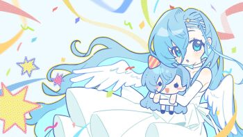 1girl 37_(reverse:1999) :o alternate_costume bare_shoulders blue_background blue_eyes character_doll choker confetti doll dress elbow_gloves feathered_wings floating_hair gloves hair_between_eyes highres hugging_doll hugging_object long_hair qiyu_(qiyu_seven77) reverse:1999 solo strapless strapless_dress streamers upper_body very_long_hair white_choker white_dress white_wings wings