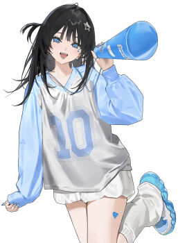 1girl absurdres black_hair blue_eyes blue_nails commentary_request facial_mark hair_ornament heart highres holding holding_megaphone leg_up long_hair long_sleeves looking_at_viewer loose_socks mashiro_kta megaphone nail_polish one_side_up open_mouth original shirt shoes shorts sleeves_past_wrists smile sneakers socks solo sparkle standing standing_on_one_leg star_(symbol) star_facial_mark star_hair_ornament teeth textless_version upper_teeth_only white_background white_shirt white_shorts white_socks