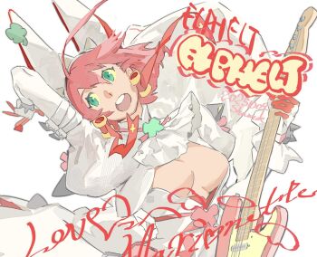 1girl amatuki blue_eyes breasts cleavage cleavage_cutout clothing_cutout dress electric_guitar elphelt_valentine guilty_gear guitar highres holding holding_guitar holding_instrument instrument pink_hair short_hair signature simple_background solo upper_body veil white_background white_dress