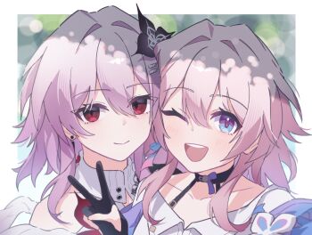 2girls aqua_eyes black_choker black_gloves blue_jacket breasts choker closed_mouth collarbone commentary_request dual_persona ear_piercing evernight_(honkai:_star_rail) gloves hair_between_eyes hair_ornament honkai:_star_rail honkai_(series) jacket light_blush march_7th_(honkai:_star_rail) march_7th_(preservation)_(honkai:_star_rail) medium_breasts multicolored_eyes multiple_girls ninji665102 one_eye_closed open_mouth partially_fingerless_gloves piercing pink_eyes pink_hair red_eyes smile upper_body v