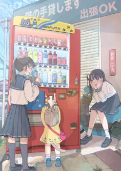 3girls animal animal_ears black_hair blue_sailor_collar bottle building calico_(pattern) calico_cat can cat cat_ears cat_tail child coca-cola dress drink_can grey_hair grey_socks head_rest highres holding holding_animal holding_cat medium_skirt motor_vehicle multiple_girls original outdoors pleated_skirt ponytail sailor_collar school_uniform scooter serafuku shirt shoes sitting skirt socks standing tail vending_machine wa_mu_ta white_shirt yellow_dress