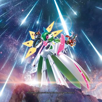 3d aqua_eyes arm_blade black_sclera colored_sclera commentary company_name copyright_name copyright_notice english_commentary flying iron_bundle iron_moth iron_valiant lens_flare meteor_shower n-design_inc. night nintendo non-humanoid_robot official_art open_mouth outdoors pink_eyes pixel_eyes pokemon pokemon_(creature) pokemon_focus pokemon_tcg robot sky star_(sky) starry_sky third-party_source weapon