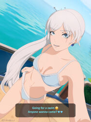 Rule 34 | 1girl, bikini, blue bikini, blue eyes, breasts, commentary, day, earrings, english commentary, english text, hair ornament, jewelry, long hair, looking at viewer, navel, necromalock, ocean, outdoors, outstretched arm, paid reward available, painttool sai (medium), parted lips, rwby, scar, scar across eye, scar on face, selfie, side ponytail, small breasts, solo, speech bubble, stomach, swimsuit, very long hair, water, weiss schnee, white hair