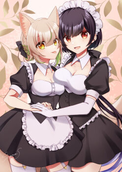2girls animal_ears apron black_hair blue_hair braid breasts brown_hair character_request cleavage cleavage_cutout clothing_cutout colored_inner_hair commentary cowboy_shot crown_braid elbow_gloves fox_ears fox_girl garter_straps gloves green_hair highres indie_virtual_youtuber large_breasts long_hair low_ponytail maid maid_headdress multicolored_hair multiple_girls orange_eyes ponytail red_eyes samon_shana samon_shana_(vtuber) thighhighs two-tone_hair underbust very_long_hair virtual_youtuber waist_apron white_gloves white_thighhighs