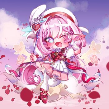 1girl ;o beret chibi chibi_only cloud commentary diamond-shaped_pupils diamond_(shape) dress elf elysia_(hi_love_elf)_(honkai_impact) elysia_(honkai_impact) english_commentary falling_petals gloves hat highres holding_ribbon_baton honkai_(series) honkai_impact_3rd instrument judy_alter long_hair midair multicolored_hair one_eye_closed petals pink_dress pink_gloves pink_hair pointy_ears purple_eyes purple_sky red_shoes shoes single_glove sky smile solo symbol-shaped_pupils thighhighs trumpet two-tone_dress two-tone_hair very_long_hair white_dress white_hair white_thighhighs