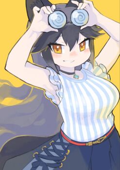 Rule 34 | 1girl, adjusting eyewear, animal ears, blue shirt, blue skirt, blush, casual, coke-bottle glasses, commentary request, cowboy shot, eyewear on head, fox ears, fox girl, fox tail, frilled shirt, frills, glasses, grey hair, hair between eyes, highres, jewelry, kemono friends, kemono friends 3, long hair, looking at viewer, multicolored hair, necklace, official alternate costume, orange eyes, rinx, shirt, sidelocks, silver fox (kemono friends), skirt, sleeveless, smile, solo, striped clothes, striped shirt, tail, vertical-striped clothes, vertical-striped shirt, white shirt, yellow background