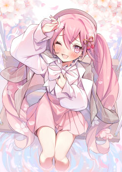 1girl ;d beret blush cherry_blossoms cherry_hair_ornament commentary_request food-themed_hair_ornament from_above gau_(n00_shi) hair_between_eyes hair_ornament hat hatsune_miku highres lower_teeth_only on_swing one_eye_closed open_mouth pink_eyes pink_hair pink_hat pink_nails pink_skirt sakura_miku sakura_miku_(rella) shirt sitting skirt smile soaking_feet solo swing teeth tongue twintails vocaloid water white_shirt