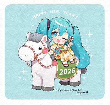 1girl 2026 aqua_eyes aqua_hair arrow_(projectile) binchou_maguro blush chinese_zodiac commentary_request floral_print floral_print_kimono full_body hair_between_eyes happy_new_year hatsune_miku highres holding holding_arrow horse horseback_riding japanese_clothes kimono long_hair long_sleeves looking_at_viewer new_year one_eye_closed open_mouth print_kimono riding sandals smile socks twintails very_long_hair vocaloid white_horse year_of_the_horse yellow_kimono