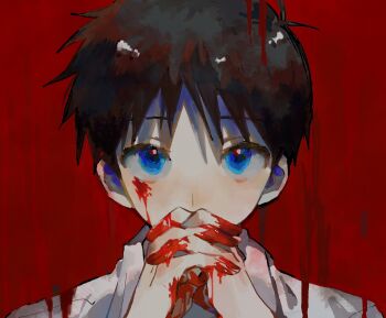 1boy blood blood_on_face blood_on_hands blue_eyes brown_hair highres ikari_shinji looking_at_viewer male_focus mogutofuoes neon_genesis_evangelion own_hands_clasped own_hands_together red_background short_hair solo