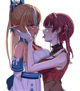 2girls blonde_hair blush breast_press breasts cleavage commentary_request cropped_jacket dark-skinned_female dark_skin detached_sleeves from_side gloves hands_on_another's_cheeks hands_on_another's_face highres hololive houshou_marine houshou_marine_(1st_costume) imminent_kiss jacket large_breasts long_hair looking_at_another medium_hair multicolored_hair multiple_girls open_mouth pointy_ears ponytail red_hair red_jacket shino_12a shiranui_flare shiranui_flare_(1st_costume) simple_background sleeveless sleeveless_jacket standing streaked_hair sweat swept_bangs tongue tongue_out twintails upper_body virtual_youtuber white_background white_gloves white_hair white_sleeves yuri