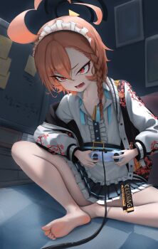 1girl absurdres ahoge bare_legs barefoot black_halo black_skirt blue_archive braid collarbone controller fang feet flat_chest full_body game_controller hair_between_eyes halo highres holding holding_controller holding_game_controller indoors jacket knees_apart_feet_together leaning_forward legs long_sleeves looking_at_viewer maid_headdress medium_hair miniskirt neck_ribbon neru_(blue_archive) off_shoulder on_ground open_clothes open_jacket open_mouth orange_hair pleated_skirt red_eyes ribbon shadow shirt sitting skin_fang skirt soles solo toes ubeuna undone_neck_ribbon v-shaped_eyebrows white_shirt