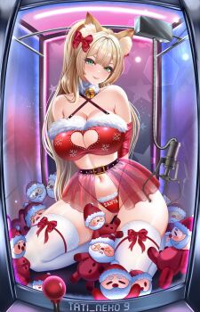 1girl animal_ear_fluff animal_ears artist_name belt benchikart bikini blush bound bound_arms breasts cat_ears cleavage cleavage_cutout closed_mouth clothing_cutout crane_game eyebrows_hidden_by_hair green_eyes hair_ribbon heart_cutout highres in_crane_game indie_virtual_youtuber large_breasts lens_flare lips lipstick long_hair looking_at_viewer makeup navel red_bikini red_ribbon ribbon santa_bikini santa_costume smile solo stomach stuffed_toy swimsuit thighhighs very_long_hair virtual_youtuber white_thighhighs