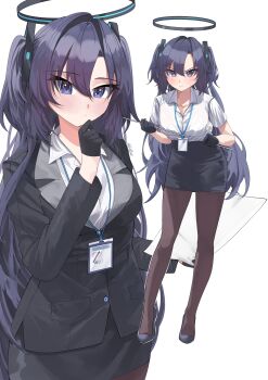 1girl absurdres black_gloves black_jacket black_shoes black_skirt blazer blue_archive blush breasts brown_pantyhose commentary dress_shirt english_commentary freshbeef gloves hair_between_eyes halo highres holding holding_paper jacket lanyard long_hair looking_at_viewer medium_breasts miniskirt multiple_views pantyhose paper pencil_skirt purple_eyes red_pupils shirt shoes skirt twitter_username two_side_up v-shaped_eyebrows very_long_hair white_shirt yuuka_(blue_archive)