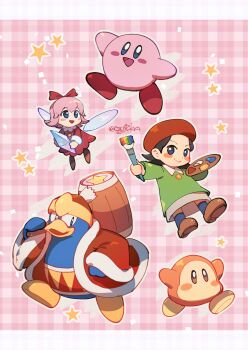 1boy 2girls adeleine black_hair blue_socks commentary dress green_dress hair_ribbon hammer hanaon hat highres holding holding_paint_palette king_dedede kirby kirby_(series) kirby_64 multiple_girls nintendo open_mouth outline paint_palette paintbrush pink_background pink_hair red_dress red_ribbon ribbon ribbon_(kirby) smile socks star_(symbol) symbol-only_commentary twitter_username waddle_dee white_outline wings
