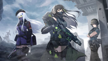 3girls absurdres ammunition_pouch assault_rifle bandana bandana_over_mouth baseball_cap beret black_hair brown_eyes brown_hair call_of_duty call_of_duty:_mobile chinese_commentary clothes_around_waist commentary_request cosplay cowboy_shot crossed_arms dusk_(call_of_duty:_mobile) facial_mark field_cap german_flag girls&#039;_frontline gloves green_eyes green_hair grey_hat grey_tank_top gun hat highres hk416_(girls&#039;_frontline) hk416_(girls&#039;_frontline)_(cosplay) holding jacket jacket_around_waist kestrel_(call_of_duty:_mobile) long_hair looking_at_viewer m4a1_(girls&#039;_frontline) m4a1_(girls&#039;_frontline)_(cosplay) m4a1_(mod3)_(girls&#039;_frontline) military_operator multicolored_hair multiple_girls mush outdoors particle_cannon_case pouch print_bandana rifle skull_print standing streaked_hair tank_top tattoo teardrop teardrop_facial_mark teardrop_tattoo trigger_discipline urban_tracker_(call_of_duty:_mobile) weapon white_hair