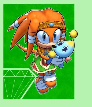1girl armlet blue_eyes chao_(sonic) dress furry furry_female gold_armlet green_background green_dress highres jewelry looking_at_viewer open_mouth orange_fur print_dress sammytighe sandals sleeveless sleeveless_dress sonic_(series) tikal_the_echidna