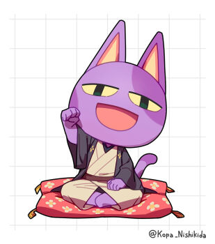 1boy animal_costume animal_crossing animal_ears black_eyes bob_(animal_crossing) cat_boy cat_ears cat_tail clenched_hand colored_sclera commentary cushion furry furry_male grid_background japanese_clothes kimono kopa_nishikida looking_at_viewer male_focus nintendo open_mouth paw_pose simple_background sitting solo tail twitter_username wide_sleeves yellow_sclera