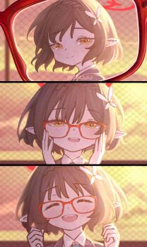 Rule 34 | 1girl, adjusting eyewear, aqua necktie, ayane (blue archive), black hair, blue archive, braid, chain-link fence, crown braid, fence, flower, glasses, hair flower, hair ornament, halo, hashtag-only commentary, highres, kyoukai no kanata, looking at another, necktie, open mouth, pointy ears, red-framed eyewear, red halo, school uniform, short hair, sky, smile, sunset, tearing up, upper body, xarkuwn, yellow eyes