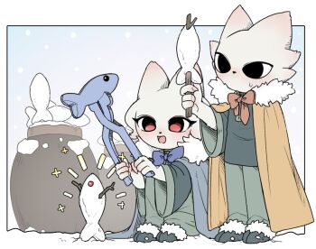1boy 1girl :d black_eyes border brother_and_sister cat_boy cat_girl fish furry furry_female furry_male heng_(nine_sols) holding holding_stick nine_sols open_mouth outside_border red_eyes siblings sitting smile snowing sparkle standing stick white_border winter winter_clothes yi_(nine_sols) yyang_gg
