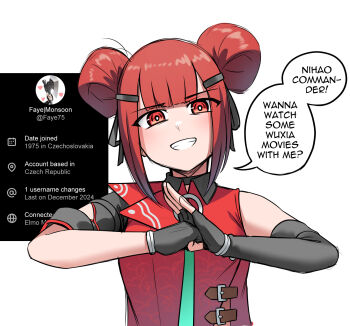 1girl asymmetrical_gloves black_gloves black_ribbon bright_pupils chinese_clothes collared_shirt commentary cz75_(girls&#039;_frontline) double_bun elbow_gloves english_commentary fake_phone_screenshot fake_screenshot faye_(girls&#039;_frontline_2) girls&#039;_frontline girls&#039;_frontline_2:_exilium gloves grin hair_bun hair_ribbon highres inset looking_at_viewer palm-fist_greeting red_eyes red_hair red_shirt ribbon senpaihawkkun shirt simple_background single_elbow_glove sleeveless sleeveless_shirt smile solo straight-on twitter upper_body user_interface white_background white_pupils