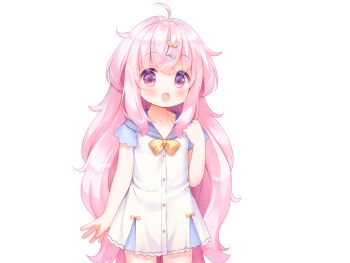 1girl :d ahoge blue_sailor_collar blue_sleeves blush bow bowtie buttons cowboy_shot crossed_bangs dot_nose dress game_cg hand_up harem_futago_lolita large_variant_set long_hair non-web_source open_mouth pink_eyes pink_hair sailor_collar sailor_dress short_dress short_sleeves simple_background smile solo standing tachi-e tomari_(harem_futago_lolita) transparent_background usashiro_mani variant_set white_dress yellow_bow yellow_bowtie