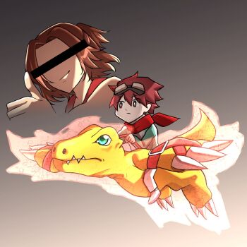 Rule 34 | agumon (digimon savers), aura, brown hair, censored, censored identity, chibi, daimon masaru (digimon savers), digimon, digimon (creature), digimon savers, digimon story: time stranger, dinosaur, flying, goggles, goggles on head, gradient background, green eyes, grey background, highres, hisuikouha, in-franchise crossover, midair, red scarf, riding, scarf, scene reference, thumbs up, yuuki dan, yuuki dan