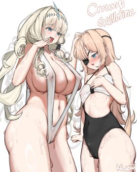 2girls absurdres alternate_costume areola_slip black_one-piece_swimsuit blonde_hair blue_eyes blush breast_envy breasts cameltoe character_name commentary_request covered_erect_nipples covered_navel crown_(nikke) eyepatch goddess_of_victory:_nikke grey_hair guillotine_(nikke) headpat highres huge_breasts ko_uniii long_hair looking_at_breasts multiple_girls navel one-piece_swimsuit open_mouth simple_background slingshot_swimsuit small_breasts smug stomach swimsuit tiara very_long_hair wet white_background white_slingshot_swimsuit