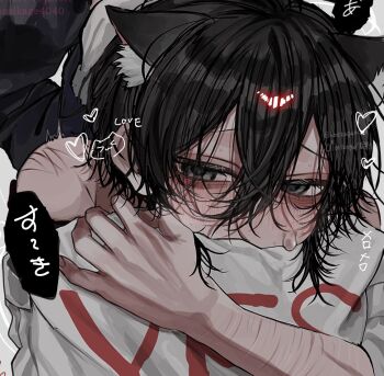 1boy aegyo_sal animal_ears black_eyes black_hair cat_boy cat_ears commentary_request hair_between_eyes half-closed_eyes heart hosikage4040 original print_shirt scar scar_on_arm self-harm self_hug shirt short_hair sidelocks solo tears translation_request white_shirt wrist_cutting