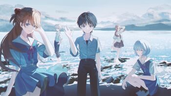 2boys 3girls absurdres ayanami_rei black_hair black_pants blue_eyes blue_hair brown_hair chromatic_aberration chujiuo cloud cloudy_sky full_body glasses hand_up highres ikari_shinji long_hair looking_at_viewer makinami_mari_illustrious medium_hair mountainous_horizon multiple_boys multiple_girls nagisa_kaworu necktie neon_genesis_evangelion outdoors pants plaid_clothes plaid_skirt rebuild_of_evangelion red_eyes school_uniform shirt shoes skirt sky souryuu_asuka_langley squatting standing standing_on_one_leg tokyo-3_middle_school_uniform wading waving white_hair white_shirt wide_shot