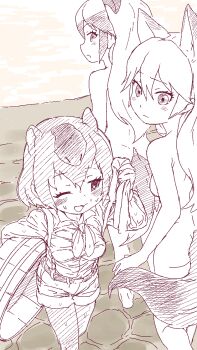 10s 3girls animal_ears ass back blush capybara_(kemono_friends) closed_mouth extra_ears ezo_red_fox_(kemono_friends) fox_ears fox_tail hair_between_eyes highres holding kemono_friends long_hair long_sleeves looking_at_another looking_back masuyama_ryou multiple_girls nude one_eye_closed open_mouth shirt short_hair shorts silver_fox_(kemono_friends) smile suspenders tail walking water wet wet_clothes wet_face wet_hair wet_shirt wet_shorts