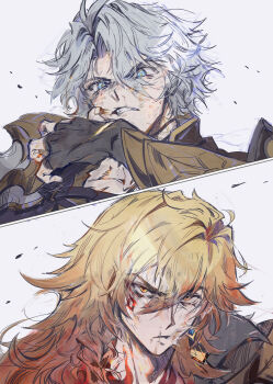 2boys absurdres antenna_hair armor black_choker black_gloves black_shirt blonde_hair blood blue_eyes braid choker dirty dirty_face earrings facial_tattoo fingerless_gloves gloves gold_earrings gradient_hair highres honkai:_star_rail honkai_(series) jewelry male_focus medium_hair multicolored_hair multiple_boys mydei_(honkai:_star_rail) neck_tattoo parted_bangs pauldrons phainon_(honkai:_star_rail) qel red_hair red_tattoo shirt short_hair shoulder_armor side_braid single_pauldron sun_symbol sun_tattoo tan tattoo white_hair wiping_blood yellow_eyes