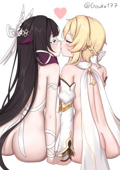 Rule 34 | 2girls, absurdres, ass, back, black hair, blonde hair, blush, closed eyes, columbina (genshin impact), commentary, eye mask, from behind, genshin impact, gouka, hair ornament, heart, highres, kiss, long hair, lumine (genshin impact), mask, multicolored hair, multiple girls, nude, purple hair, short hair with long locks, simple background, sitting, twitter username, very long hair, white background, wing hair ornament, yuri