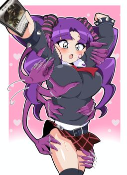 1girl absurdres arms_up belt black_belt black_shirt blush bracelet breasts candy_hair_ornament card commentary_request duel_masters facial_tattoo food-themed_hair_ornament fur-trimmed_shirt fur_trim grabbing_another's_breast grabbing_another's_stomach grabbing_another's_thighs grey_eyes groping hair_ornament heart highres holding holding_card jewelry large_breasts long_hair necktie ninja_sasuke open_mouth puramai_rei purple_hair red_necktie red_skirt shirt shirt_under_shirt skirt spiked_bracelet spikes surrounded_by_hands tattoo trading_card twintails white_shirt