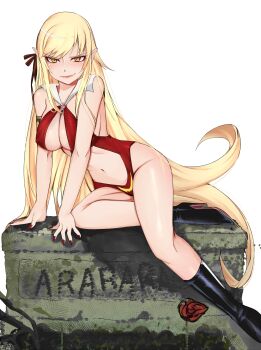 1girl absurdres alternate_costume araragi_koyomi bikini black_boots blonde_hair boots breasts character_name cleavage cosplay female_focus highres kiss-shot_acerola-orion_heart-under-blade large_breasts long_hair looking_at_viewer meemz_a monogatari_(series) naughty_face navel o-ring oshino_shinobu parted_bangs photo-referenced red_bikini simple_background solo swimsuit vampirella vampirella_(character) vampirella_(character)_(cosplay)