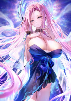 1girl absurdres akusamu azur_lane bare_shoulders blue_dress blue_gem blue_ribbon breasts cleavage collarbone commentary_request curtained_hair dress floating_hair from_side gem glint gradient_halo groin hair_between_eyes halo hand_on_own_chest hands_up head_tilt highres large_breasts lexington_(azur_lane) lexington_ii_(azur_lane) long_hair looking_at_viewer multicolored_halo night no_panties parted_bangs pink_eyes pink_hair ribbon see-through_clothes sideboob sky sleeveless sleeveless_dress smile solo sparkle star_(sky) starry_sky strapless strapless_dress thighs very_long_hair