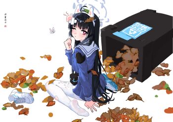 Rule 34 | 1girl, absurdres, ahoge, animal ears, artist name, bandaid, black hair, blue archive, blue serafuku, blue shirt, blue skirt, blush, commentary, fake animal ears, full body, grey halo, halo, haoli mei an, head bump, highres, leaf, leaf on head, long hair, long sleeves, looking at viewer, looking back, miyu (blue archive), one eye closed, pantyhose, pleated skirt, rabbit ears, recycle bin, red eyes, sailor collar, school uniform, serafuku, shirt, shoe print, shoes, signature, simple background, single shoe, sitting, skirt, sneakers, soles, solo, torn clothes, torn pantyhose, trash can, untranslatable commentary, unworn shoes, wariza, white background, white pantyhose, white sailor collar