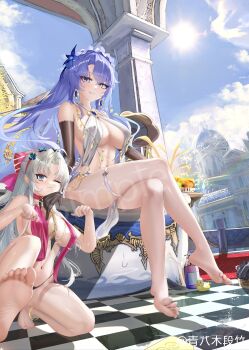 2girls absurdres ahoge alternate_costume aqua_eyes bare_shoulders barefoot black_gloves blue_eyes blue_flower blue_sky bow breasts cantarella_(wuthering_waves) carlotta_(wuthering_waves) checkered_floor commentary crossed_legs day duan_zhu_ya earrings elbow_gloves feet flower gloves hair_bow hair_flower hair_ornament hairband hands_up headdress highres jewelry large_breasts long_hair looking_at_viewer multiple_girls navel one_eye_closed parted_bangs parted_lips pink_bow pink_hairband purple_hair revealing_clothes rubber_duck sample_watermark sitting sky smile soap_bottle soles stomach striped_bow sun tacet_discord_(wuthering_waves) thighlet thighs toes tubpup_(wuthering_waves) very_long_hair watermark wuthering_waves