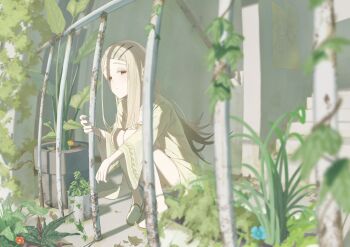 1girl blonde_hair blurry blurry_foreground colored_eyelashes depth_of_field dress fisheye flower flyer gakuen_idolmaster hair_ornament hairclip hanami_ume hand_on_railing hashtag-only_commentary highres idolmaster igatsu kuramoto_china long_hair looking_at_viewer orange_eyes parallel_hairclips plant potted_plant rust shinosawa_hiro shoes solo squatting stairs stairwell vines white_dress white_shoes