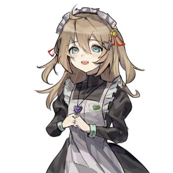 Rule 34 | 1girl, ahoge, ame0, apron, badge, black dress, blue eyes, brown hair, button badge, dress, frilled apron, frills, from side, hair between eyes, hair ribbon, hashtag-only commentary, heart, heart necklace, highres, jewelry, maid, maid apron, maid headdress, necklace, neuro-sama, open mouth, ribbon, simple background, solo, two side up, upper body, vedal ai, virtual youtuber, white apron, white background, white headdress