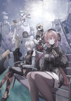 Rule 34 | 5girls, absurdres, ahoge, ammunition, black gloves, black hat, black horns, black pants, black shrug, blindfold mask, blue hair, camouflage, camouflage jacket, commentary request, covered eyes, crossed bangs, crossed legs, curled horns, dragon girl, dragon horns, dress, flower hairpin, gloves, goggles, green eyes, grey hair, grey sleeves, hair intakes, hair ornament, hairpin, hat, highres, horns, jacket, latex pants, long hair, magus (zenless zone zero), mask, mechanical tail, multiple girls, nao x2, orange eyes, orange hair, orange pupils, orphie magnusson, outdoors, pants, pointy ears, ponytail, see-through dress layer, seed (zenless zone zero), shrug (clothing), sitting, sleeveless, sleeveless jacket, smile, soldier 11 (zenless zone zero), stirrup legwear, tail, tight clothes, tinted eyewear, toeless legwear, triangle hair ornament, trigger (zenless zone zero), yellow-tinted eyewear, yellow gloves, zenless zone zero, zipper dress