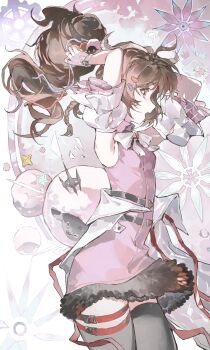 Rule 34 | 1girl, absurdres, ardelia (arknights), arknights, arknights: endfield, armpits, arms up, black thighhighs, bow, bowtie, brown hair, chinese commentary, commentary request, cowboy shot, curled horns, dabaijiang memeda, detached sleeves, dress, eyjafjalla (arknights), from side, fur-trimmed dress, fur trim, grey horns, hair ornament, hairclip, highres, horns, long hair, open mouth, pink dress, profile, red eyes, sheep, sheep girl, sheep hair ornament, sheep horns, short dress, short sleeves, sleeveless, sleeveless dress, solo, thighhighs, tying hair, white bow, white bowtie, white sleeves