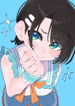 1girl absurdres blue_background blue_eyes blue_sailor_collar blue_skirt brown_hair closed_mouth commentary_request duck_hair_ornament hair_ornament hairpin highres hololive looking_at_viewer medium_hair official_alternate_costume oozora_subaru oozora_subaru_(9th_costume) sailor_collar shirt skirt sleeveless sleeveless_shirt solo virtual_youtuber white_shirt yuuppi