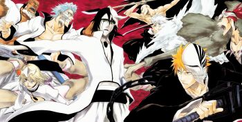 abarai_renji bald_male bankai black_hair bleach blonde_hair blue_hair brown_eyes chain clenched_hand collarbone cropped_jacket daiguren_hyourinmaru_(bankai) dark-skinned_male dark_skin facial_mark fur_trim grimmjow_jaegerjaquez headband hihiou_zabimaru_(bankai) hitsugaya_toushirou holding holding_sword holding_weapon hollow_hole hollow_mask houzukimaru_(shikai) ice japanese_clothes kurosaki_ichigo madarame_ikkaku medium_hair multiple_boys official_art open_mouth orange_hair ponytail purple_eyes red_hair second-party_source shihakusho shikai shirtless_male short_hair spiked_hair sword tan tensa_zangetsu_(bankai) topless_male ulquiorra_cifer weapon white_hair wonderweiss_margela yammy_llargo zanpakutou