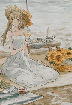 1girl barefoot blush brown_eyes brown_hair candle candlestand cherry closed_mouth collarbone commentary commission cup dress drinking_glass eokaku_surimi flower food fruit full_body grapes hat highres holding holding_cup long_dress looking_to_the_side original outdoors picnic plate see-through_clothes see-through_sleeves sitting skeb_commission solo sun_hat sundress sunflower table twintails white_dress wicker_basket wine_glass yokozuwari