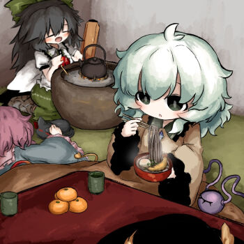 4girls arm_cannon black_cat black_hair black_hat blanket blouse blue_shirt bow bowl buttons cat cauldron chopsticks closed_eyes cup diamond_button eyeball food frilled_shirt_collar frilled_sleeves frills fruit green_bow green_eyes green_hair green_skirt hair_bow hat hat_ribbon heripantomorrow hibachi_(object) hibashi holding holding_chopsticks kaenbyou_rin kaenbyou_rin_(cat) kettle komeiji_koishi komeiji_satori kotatsu mandarin_orange multiple_girls multiple_tails noodles petting pink_hair reiuji_utsuho ribbon shirt shrimp shrimp_tempura siblings sisters skirt soba table tail tea teacup tempura third_eye third_eye_on_chest touhou two_tails under_kotatsu under_table unworn_headwear weapon white_shirt wide_sleeves yellow_ribbon yellow_shirt
