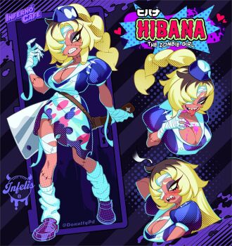 1girl apron arm_behind_head bandage_over_one_eye bandaged_hand bandaged_leg bandages blonde_hair blush braid breasts brown_hair character_name cleavage colored_text_highlight dark-skinned_female dark_skin donuttypd door doorknob dots dress multiple_expressions eyeshadow fingernails green_eyes hand_up hat heart hibana_(donuttypd) holding holding_knife inferno_cafe keyhole knife large_breasts liquid long_hair looking_at_viewer looking_away looking_to_the_side loose_socks makeup medium_dress monster_girl multicolored_hair open_mouth original pocket puffy_short_sleeves puffy_sleeves purple_dress purple_footwear purple_headwear sharp_fingernails sharp_teeth sharp_tongue short_sleeves smile socks steam stitched_face stitched_leg stitched_neck stitches striped_background striped_clothes striped_dress sweatdrop teeth tongue tongue_out upper_teeth_only vertical-striped_clothes vertical-striped_dress waitress white_apron zombie