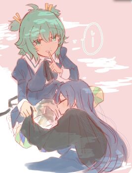 2girls akashi_manaka animal animal_on_lap antenna_hair assault_lily black_cape black_ribbon black_skirt blue_hair cape cat cat_on_lap closed_eyes closed_mouth clothes_blanket commentary covering_with_blanket cropped_jacket cropped_torso finger_to_mouth green_eyes green_hair green_thighhighs hair_between_eyes hair_ribbon hand_up high-waist_skirt highres horizontal-striped_thighhighs indian_style lap_pillow long_hair looking_at_viewer lying multiple_girls neck_ribbon on_lap on_side parted_lips pink_background ribbon rui_rui_rui0122 school_uniform short_hair shushing sitting skirt sleeping sleeping_on_person smile speech_bubble thighhighs translated two-tone_background two-tone_thighhighs two_side_up white_background yellow_ribbon yellow_thighhighs yoshimura_thi_mai yurigaoka_girls_academy_school_uniform